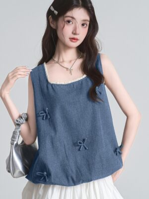 Home bow sleeveless denim tank top