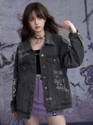 Home denim jacket women graffiti print